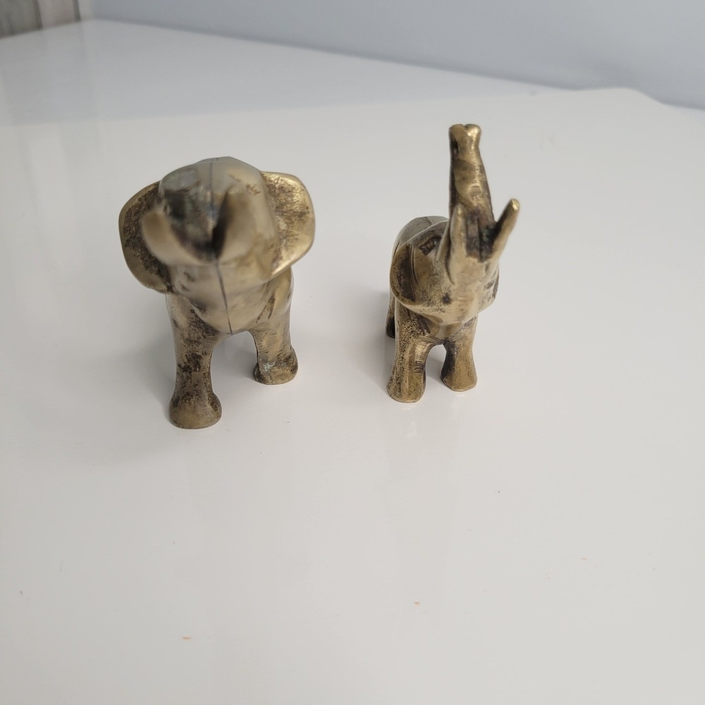 Vintage Brass Elephant Figurines Set of 2 Home‎ Decor Trunk Up Good Luck Charm - Picture 6 of 7